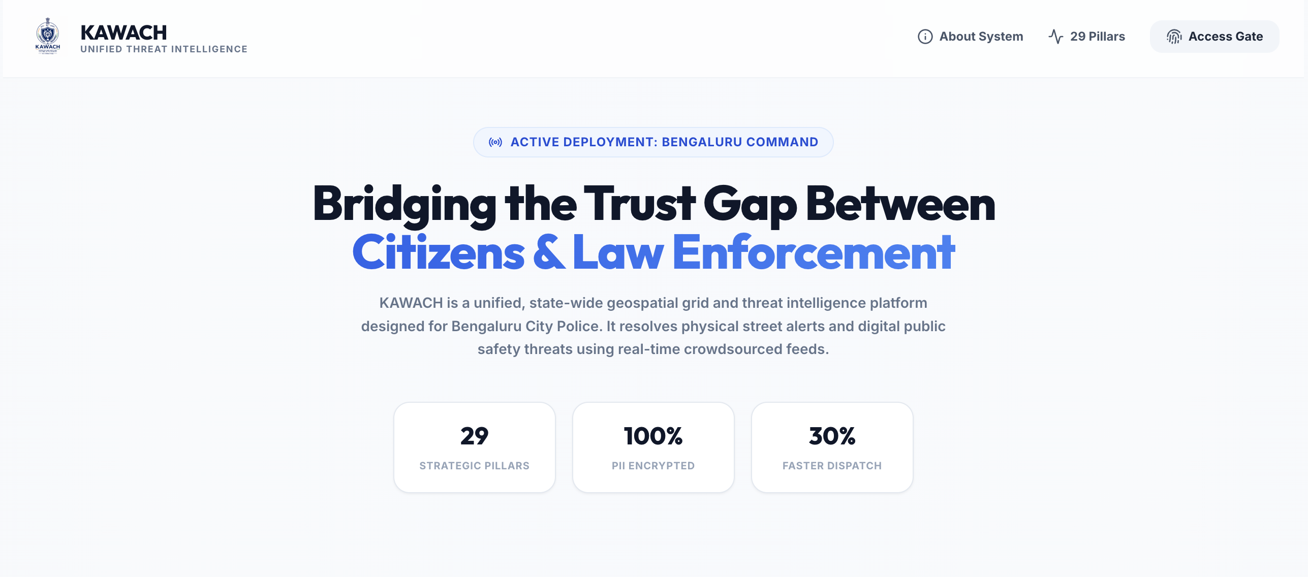 Kawach state-wide geospatial threat intelligence dashboard mockup